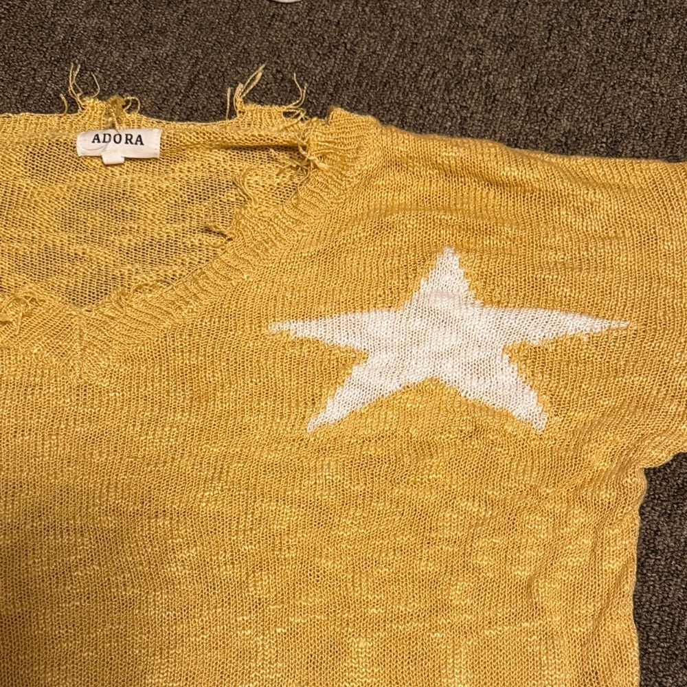 ADORA Mustard V-Neck Sweater with White Stars - Picture 4 of 10